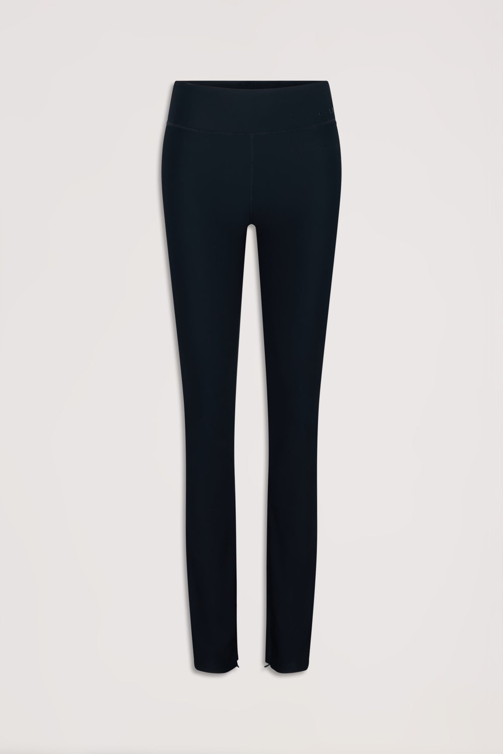 Black ribbed leggings with a split hem detail, designed for a sleek and comfortable everyday fit.