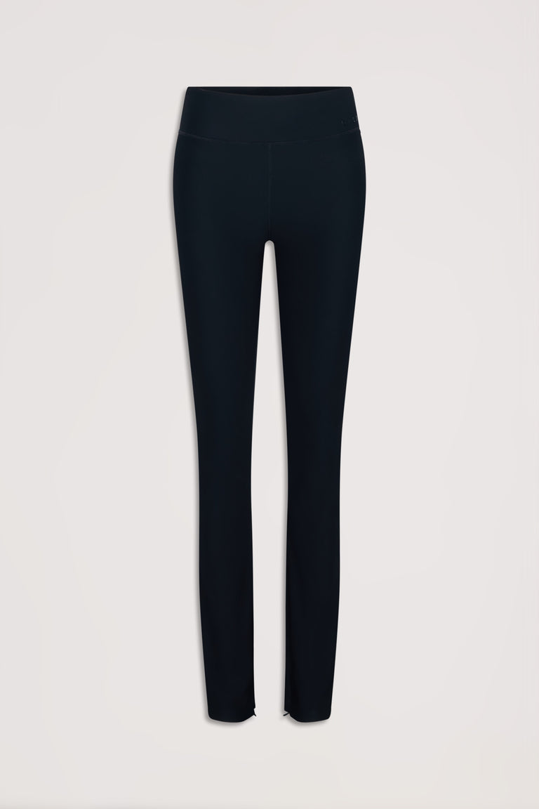 Black ribbed leggings with a split hem detail, designed for a sleek and comfortable everyday fit.