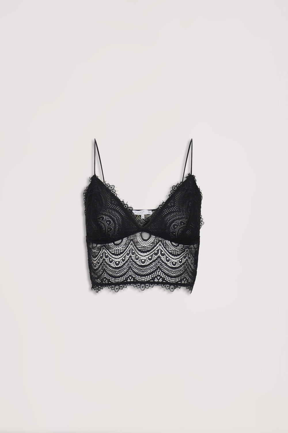 Black lace bralette with intricate scalloped detailing and thin adjustable straps for an elegant, delicate fit.