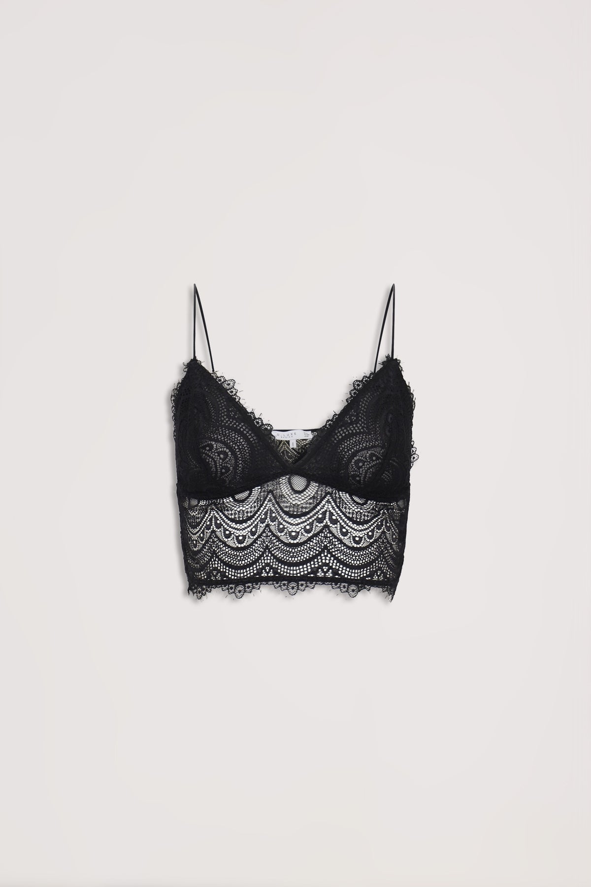 Black lace bralette with intricate scalloped detailing and thin adjustable straps for an elegant, delicate fit.