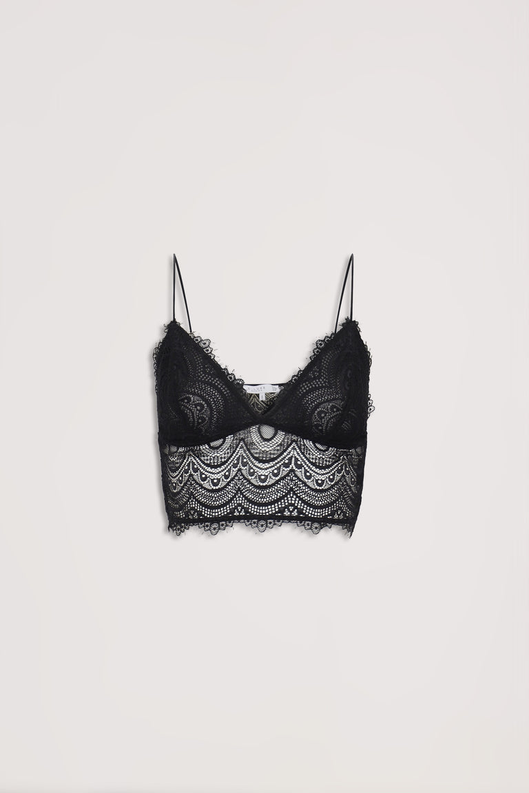 Black lace bralette with intricate scalloped detailing and thin adjustable straps for an elegant, delicate fit.