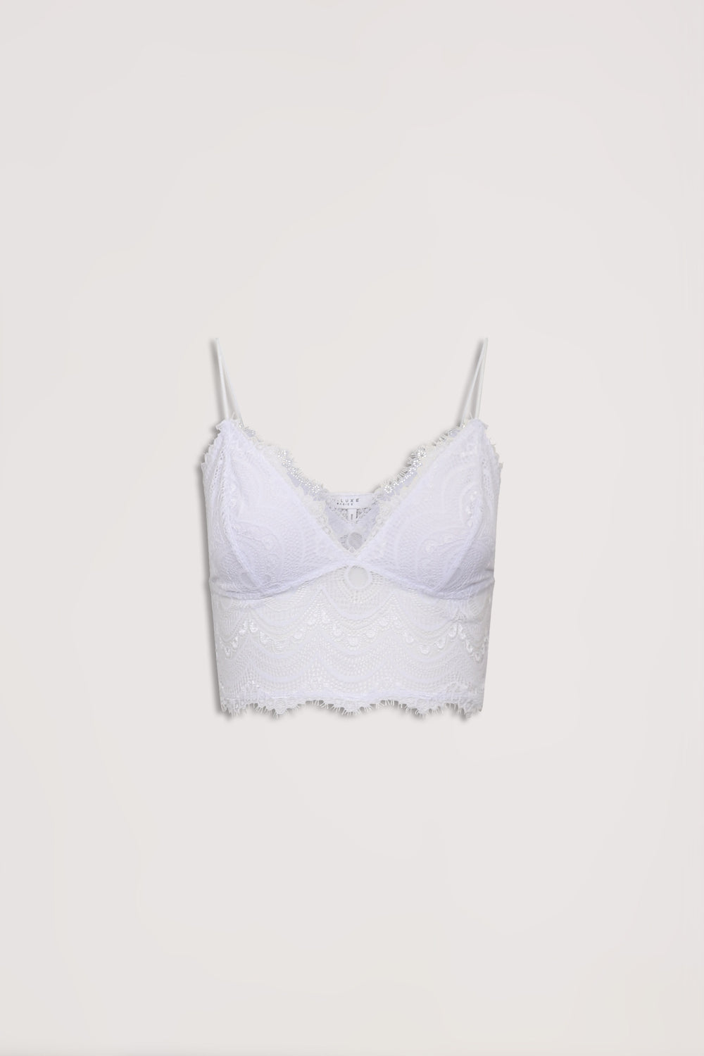 Delicate white lace bralette with scalloped edges and adjustable thin straps for an elegant, lightweight fit.