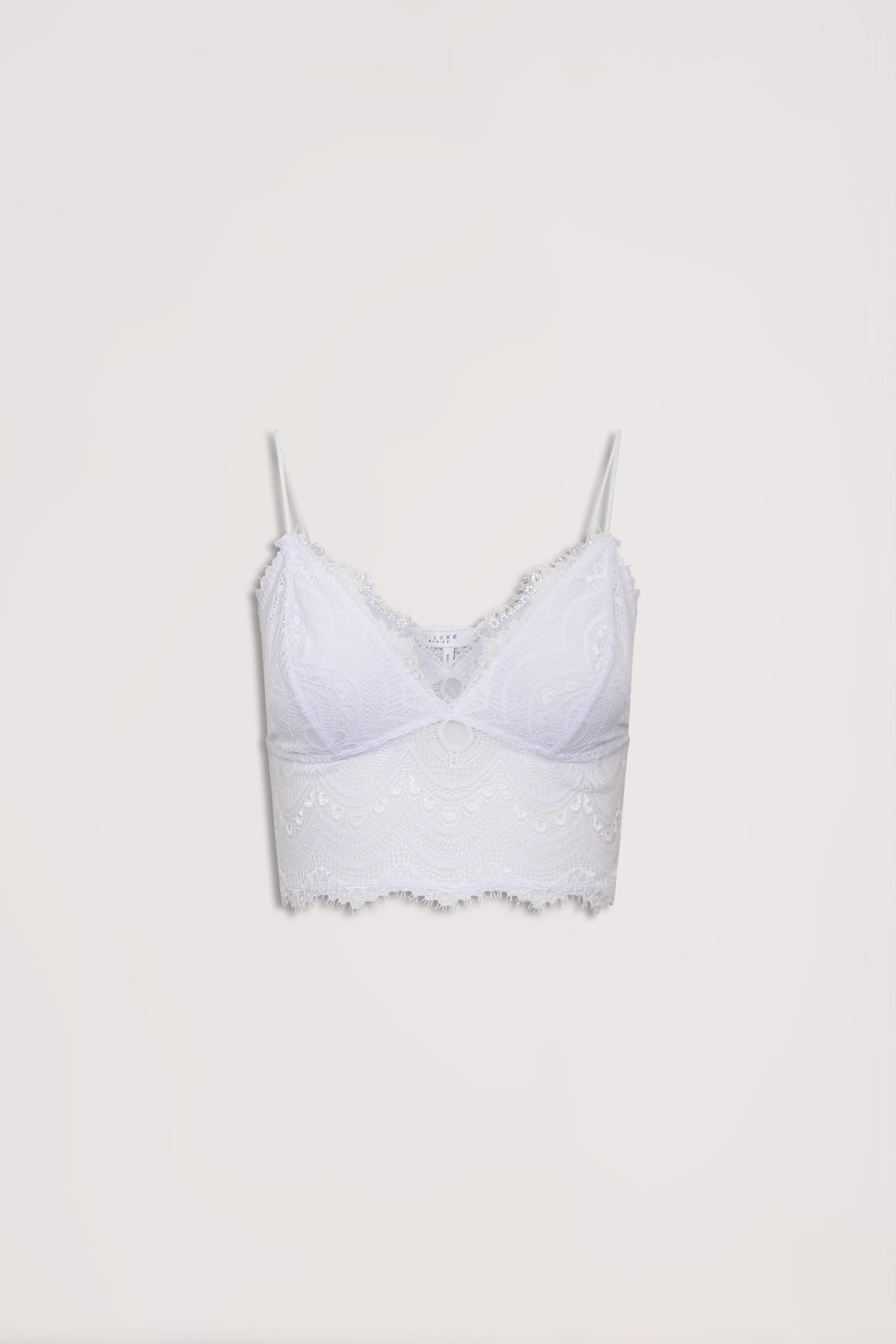 Delicate white lace bralette with scalloped edges and adjustable thin straps for an elegant, lightweight fit.