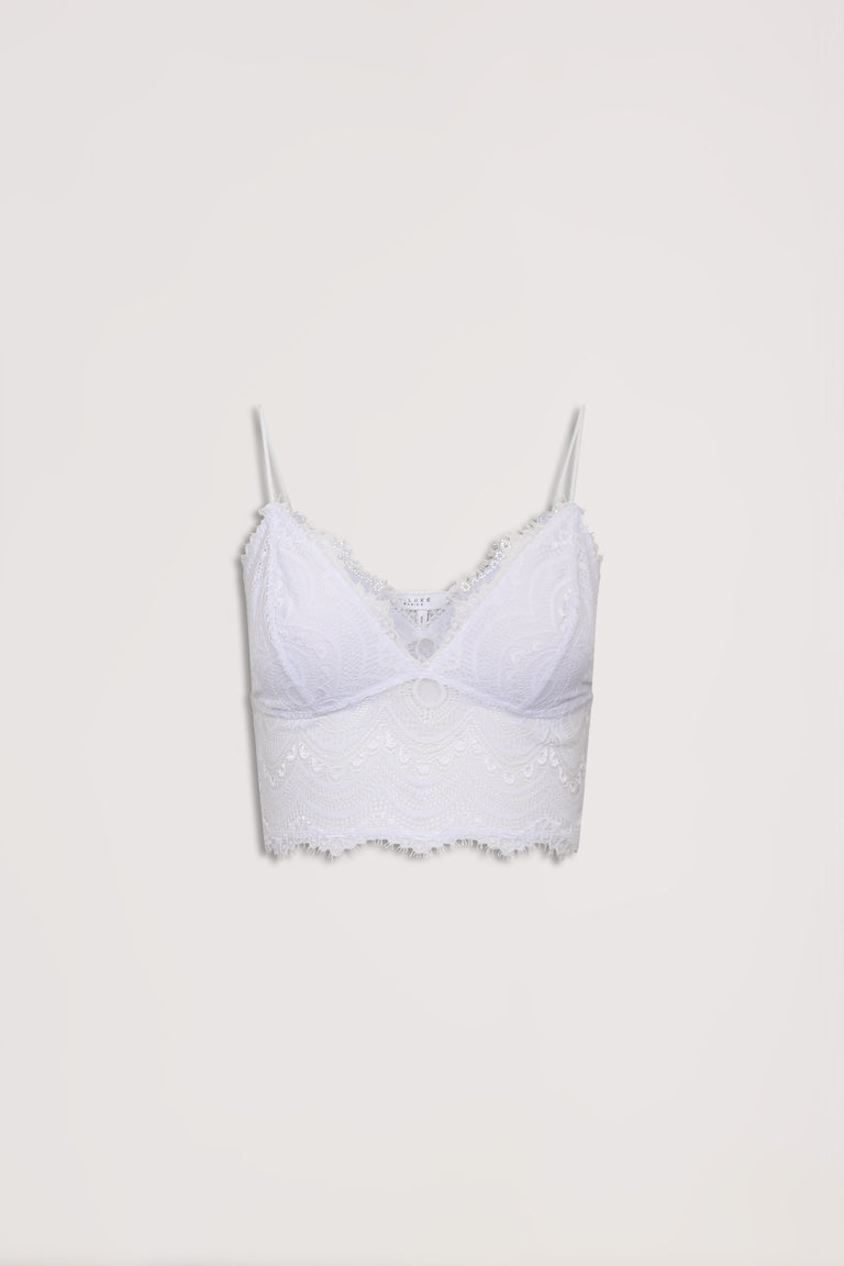 Delicate white lace bralette with scalloped edges and adjustable thin straps for an elegant, lightweight fit.