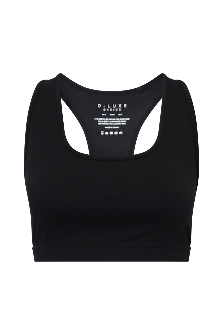 Black racerback sports bra with a scoop neckline and wide underbust band