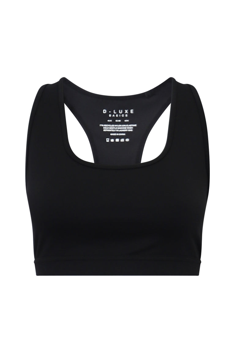 Black racerback sports bra with a scoop neckline and wide underbust band