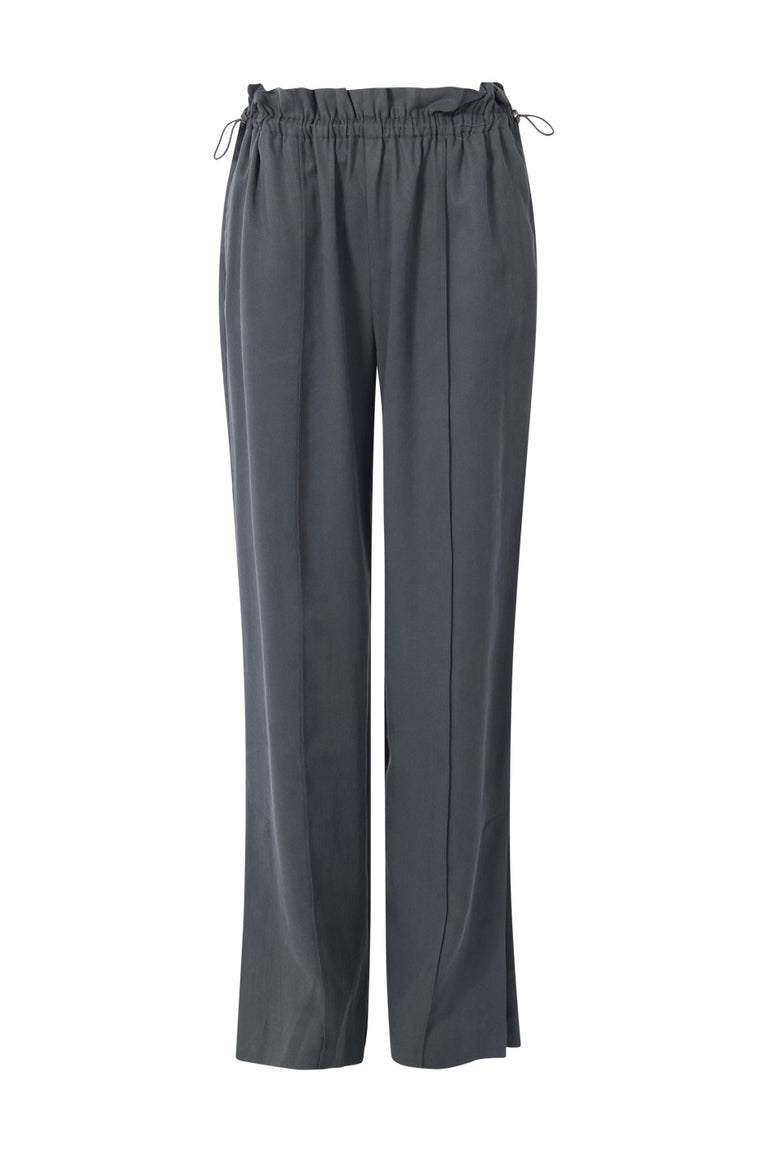 Charcoal wide leg pants with a high rise elasticated toggle waist, side pockets and front split hems