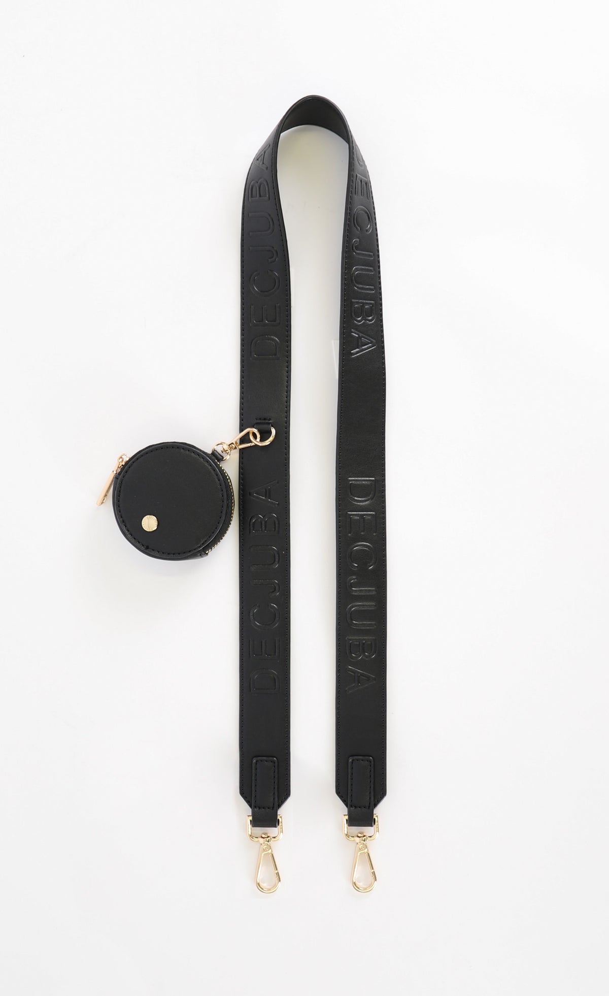 Black embossed logo bag strap with gold metal trims and round external zip pouch