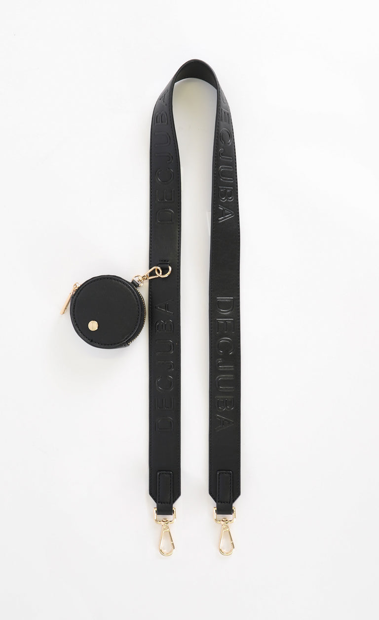 Black embossed logo bag strap with gold metal trims and round external zip pouch
