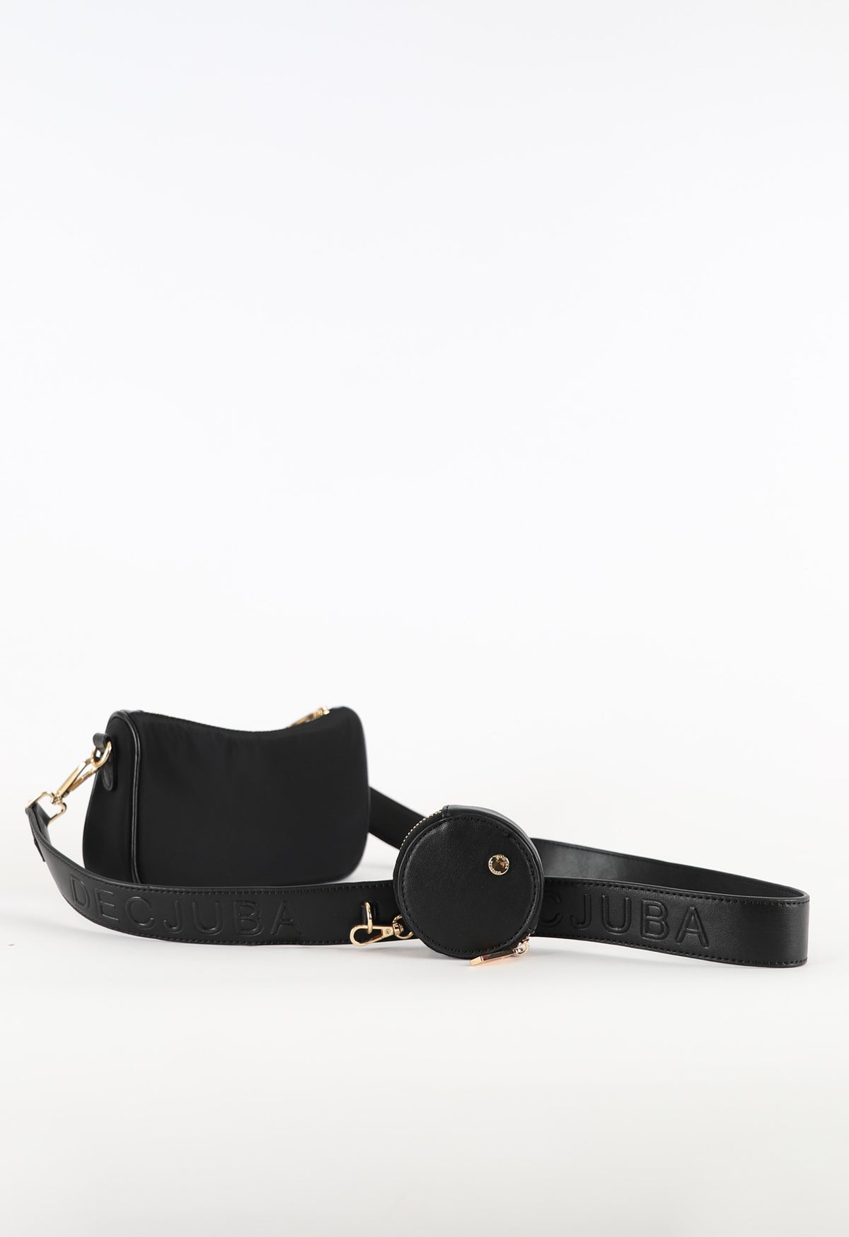 Black embossed logo bag strap with metal trims and zip pouch