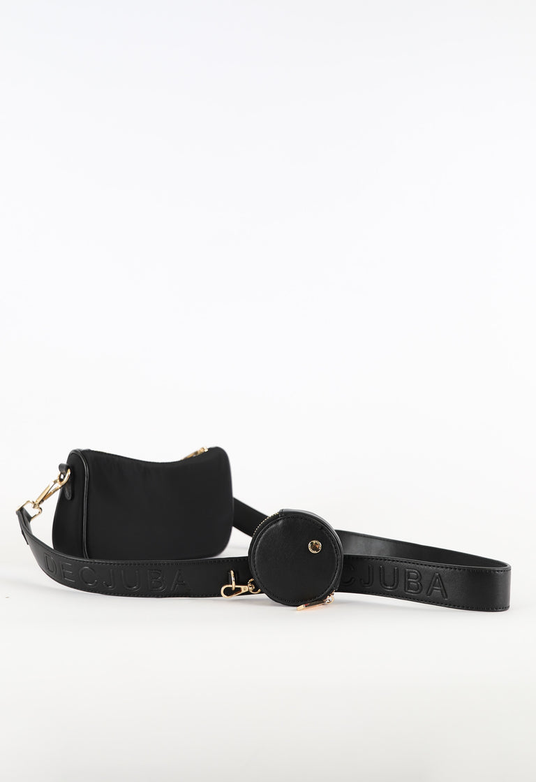 Black embossed logo bag strap with metal trims and zip pouch