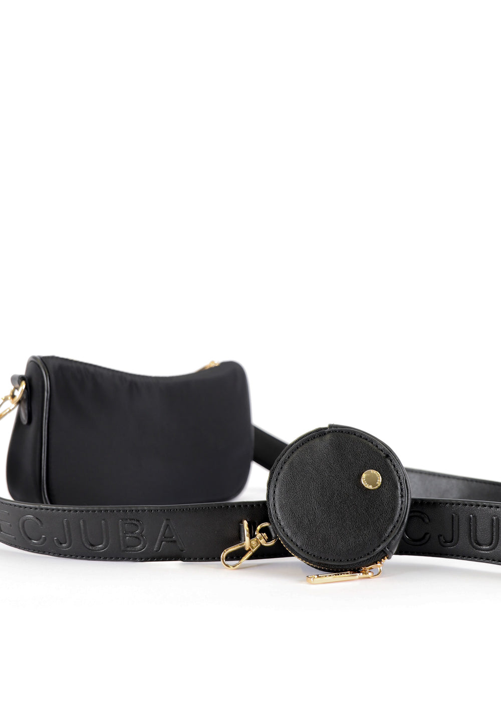 Black DECJUBA embossed logo bag strap with metal trims and round pouch