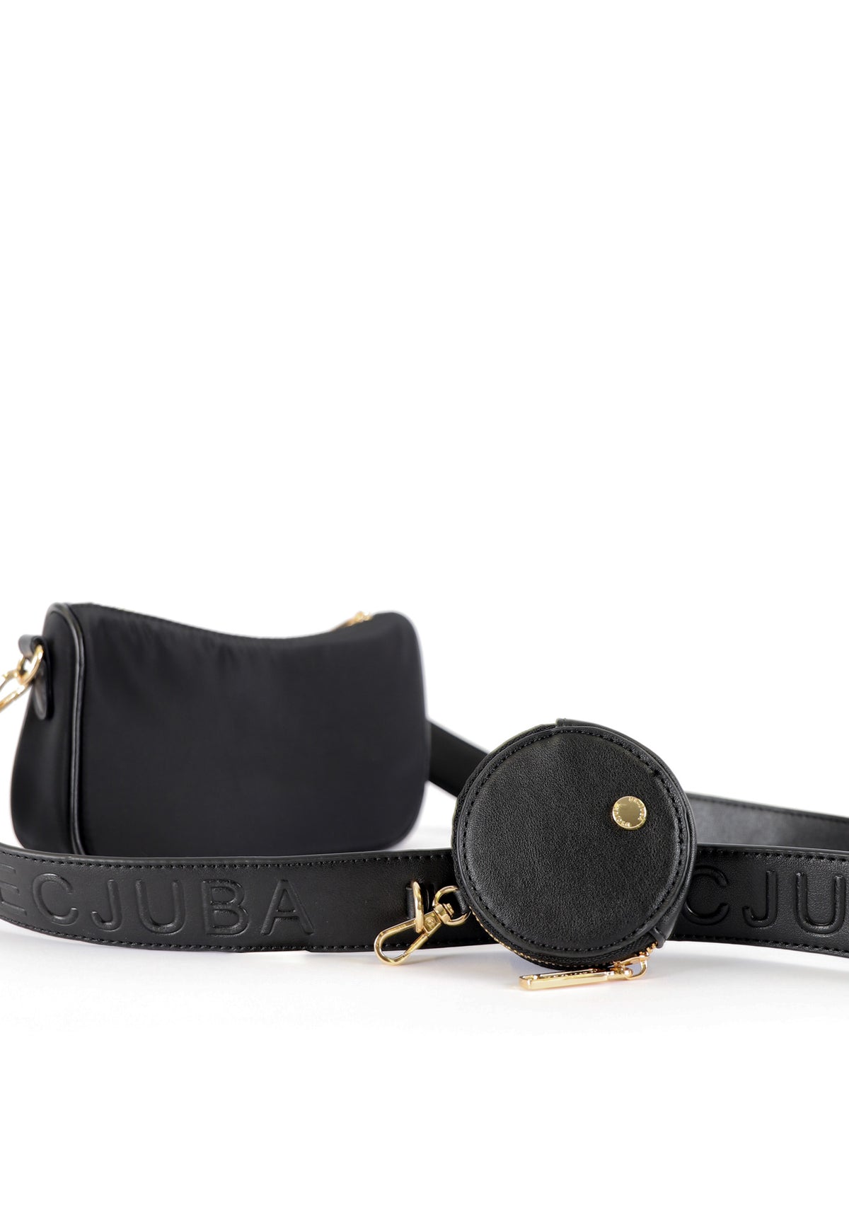 Black DECJUBA embossed logo bag strap with metal trims and round pouch