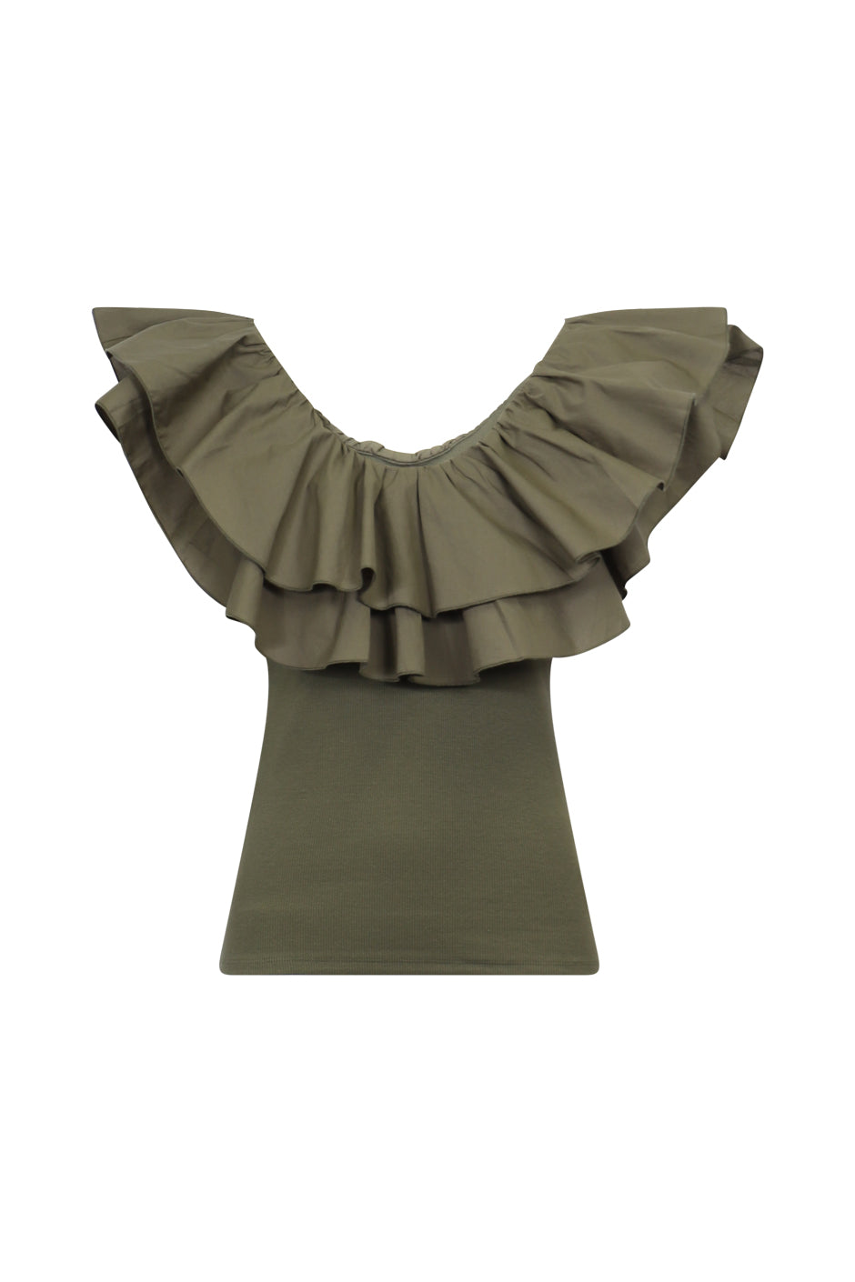 Olive sleeveless top with a layered ruffle neckline and fitted silhouette