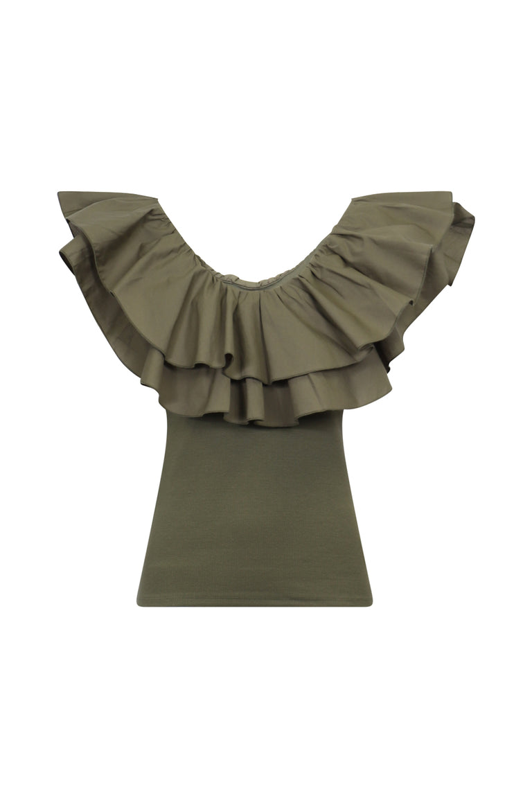 Olive sleeveless top with a layered ruffle neckline and fitted silhouette