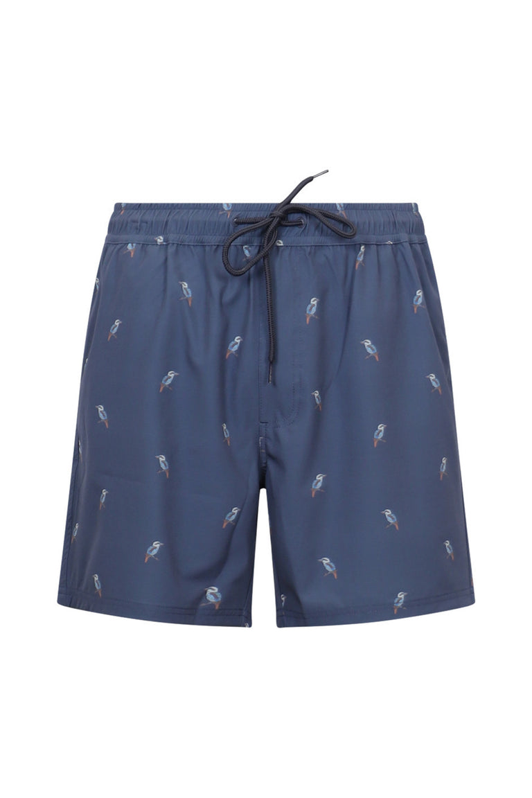 Navy men's swim shorts with small bird print, elastic waistband, and black drawstring tie detail.