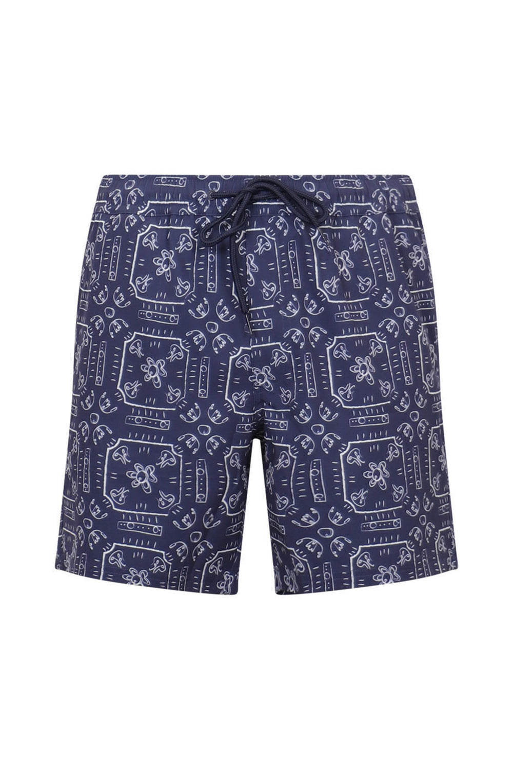 Navy men's swim shorts featuring white geometric and floral print with adjustable drawstring waist for a relaxed fit