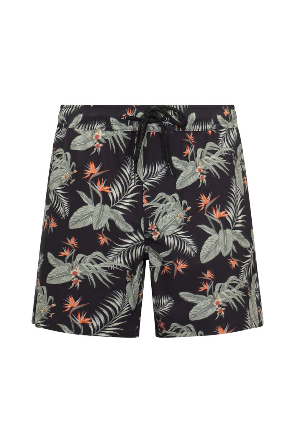 Black swim shorts with all-over tropical leaf and bird of paradise floral print, featuring a drawstring waist.