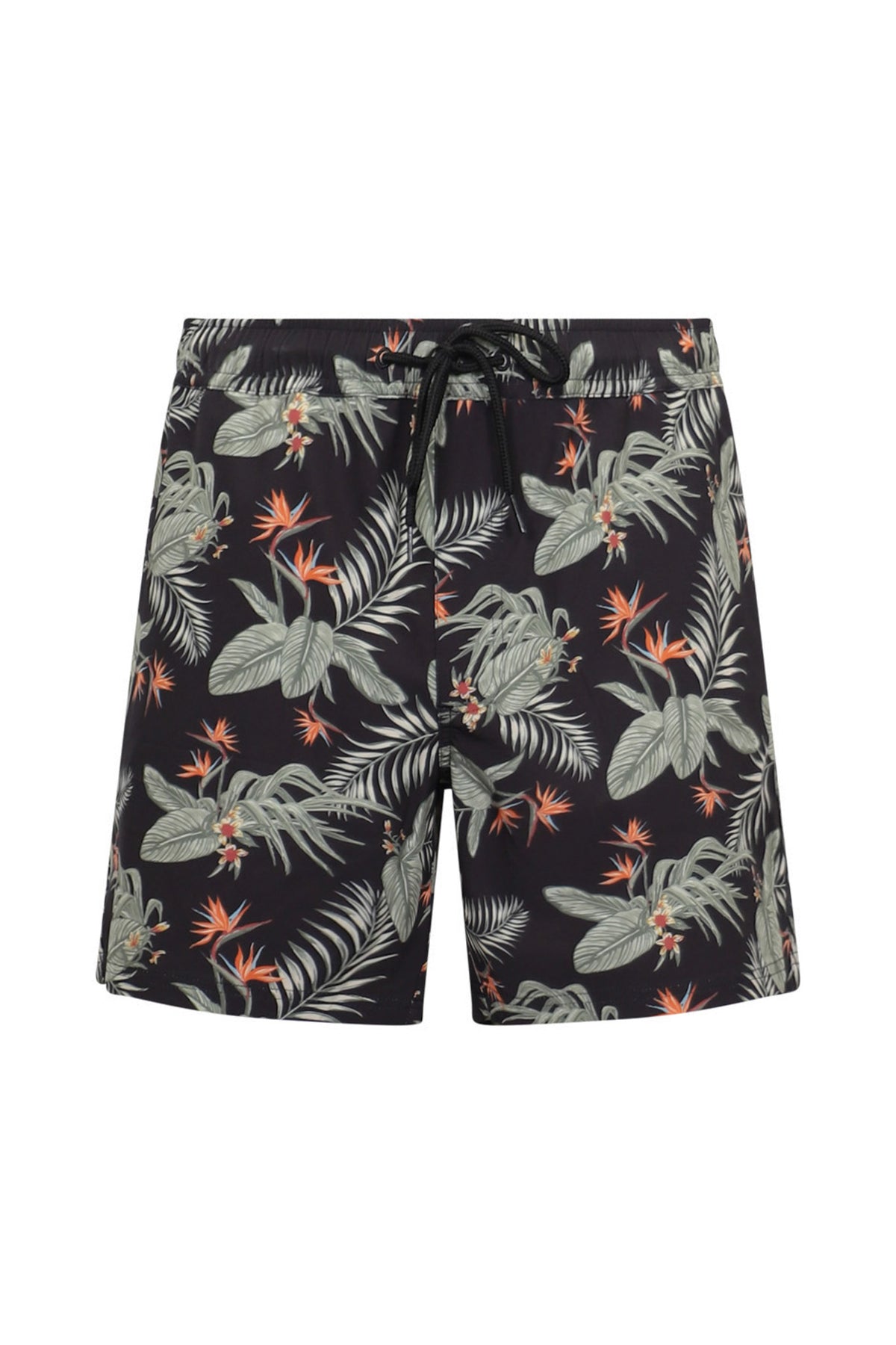 Black swim shorts with all-over tropical leaf and bird of paradise floral print, featuring a drawstring waist.