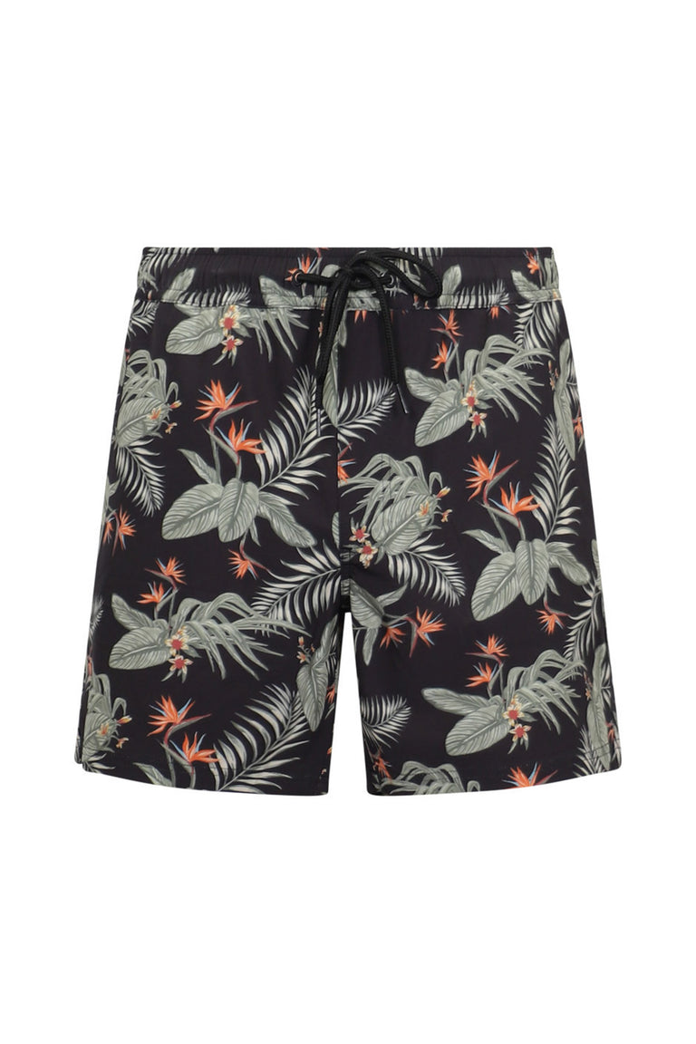 Black swim shorts with all-over tropical leaf and bird of paradise floral print, featuring a drawstring waist.