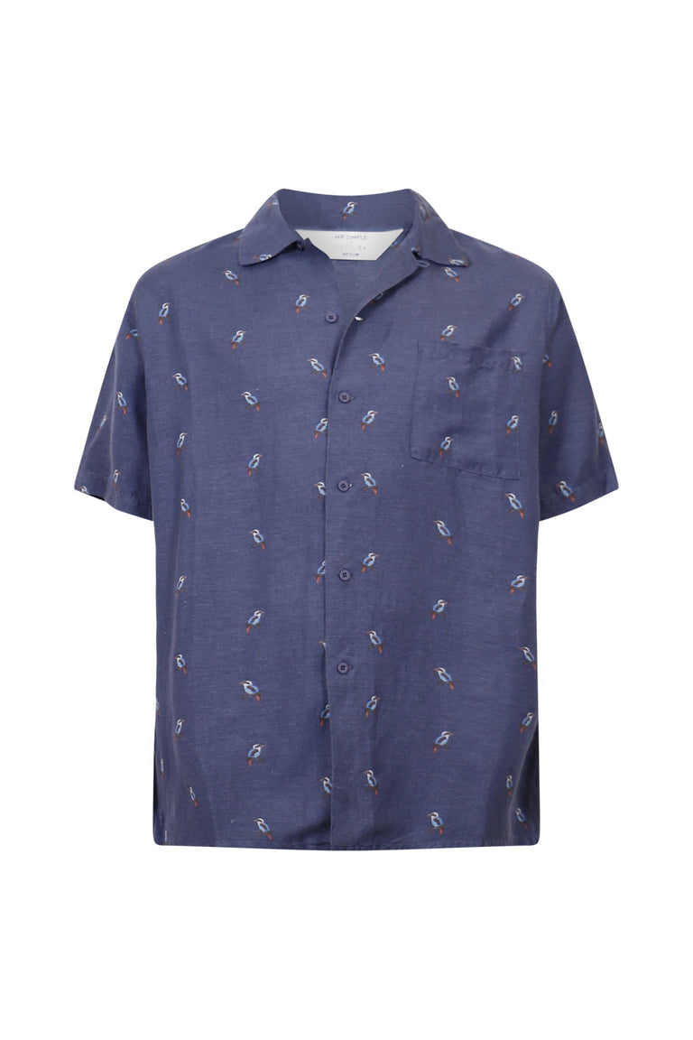 Navy short-sleeve Cuban collar shirt with a subtle bird print and front chest pocket for casual everyday style
