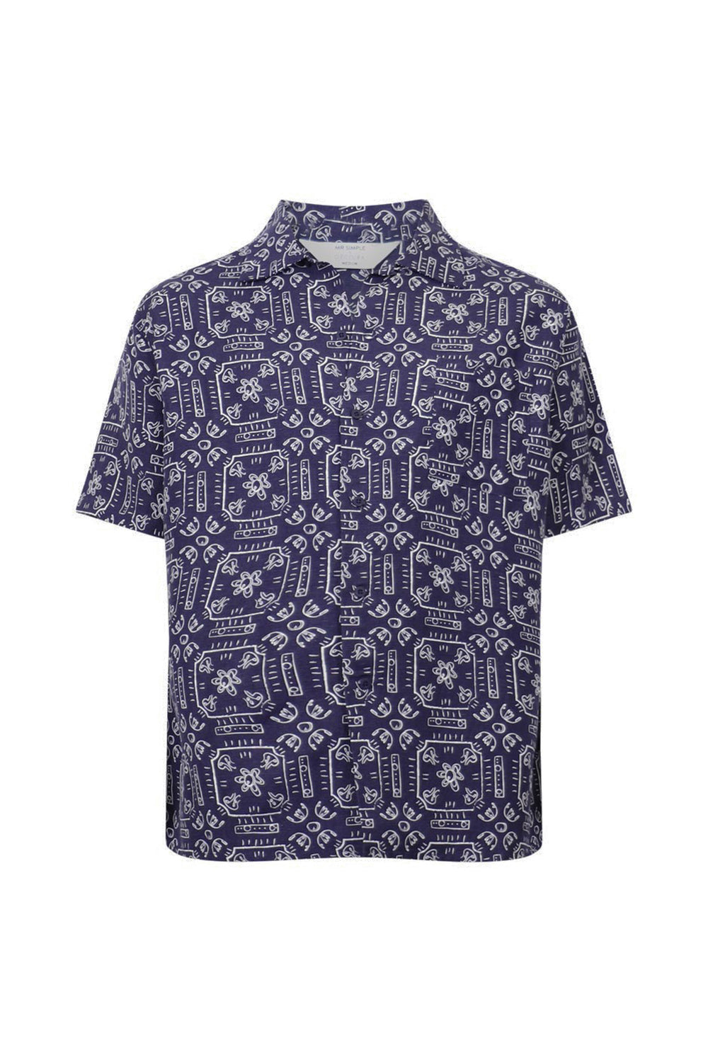 Navy short sleeve shirt with all-over white abstract print, casual relaxed fit with classic collar and button front