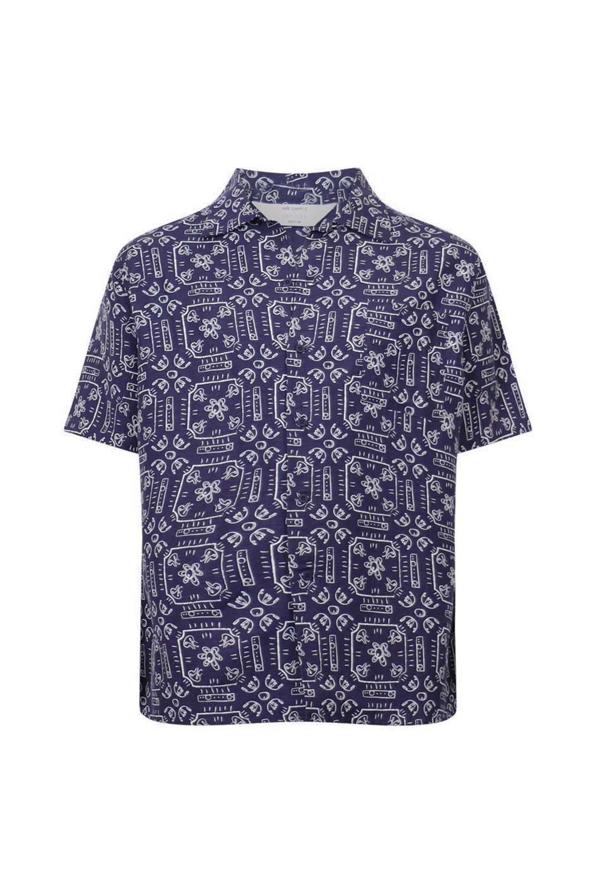Navy short sleeve shirt with all-over white abstract print, casual relaxed fit with classic collar and button front