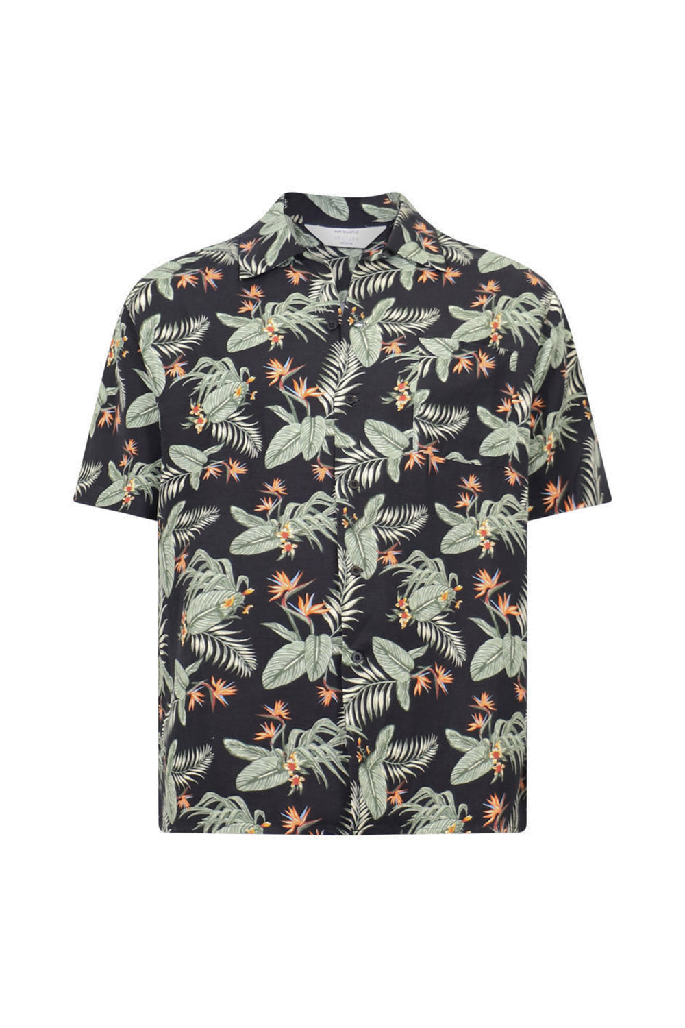 Men’s short-sleeve Cuban shirt with dark base and green tropical leaf and orange floral print pattern.