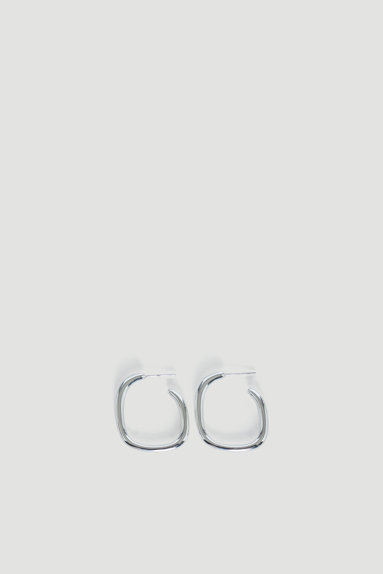 Pair of polished 9ct white gold irregular-shaped hoop earrings with a modern, minimalist design.