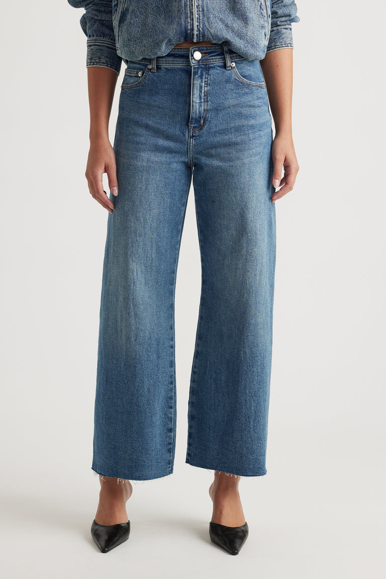 Tahni Wide Leg Jean in classic blue denim with high waist and wide fit, crafted by Decjuba for stylish everyday wear