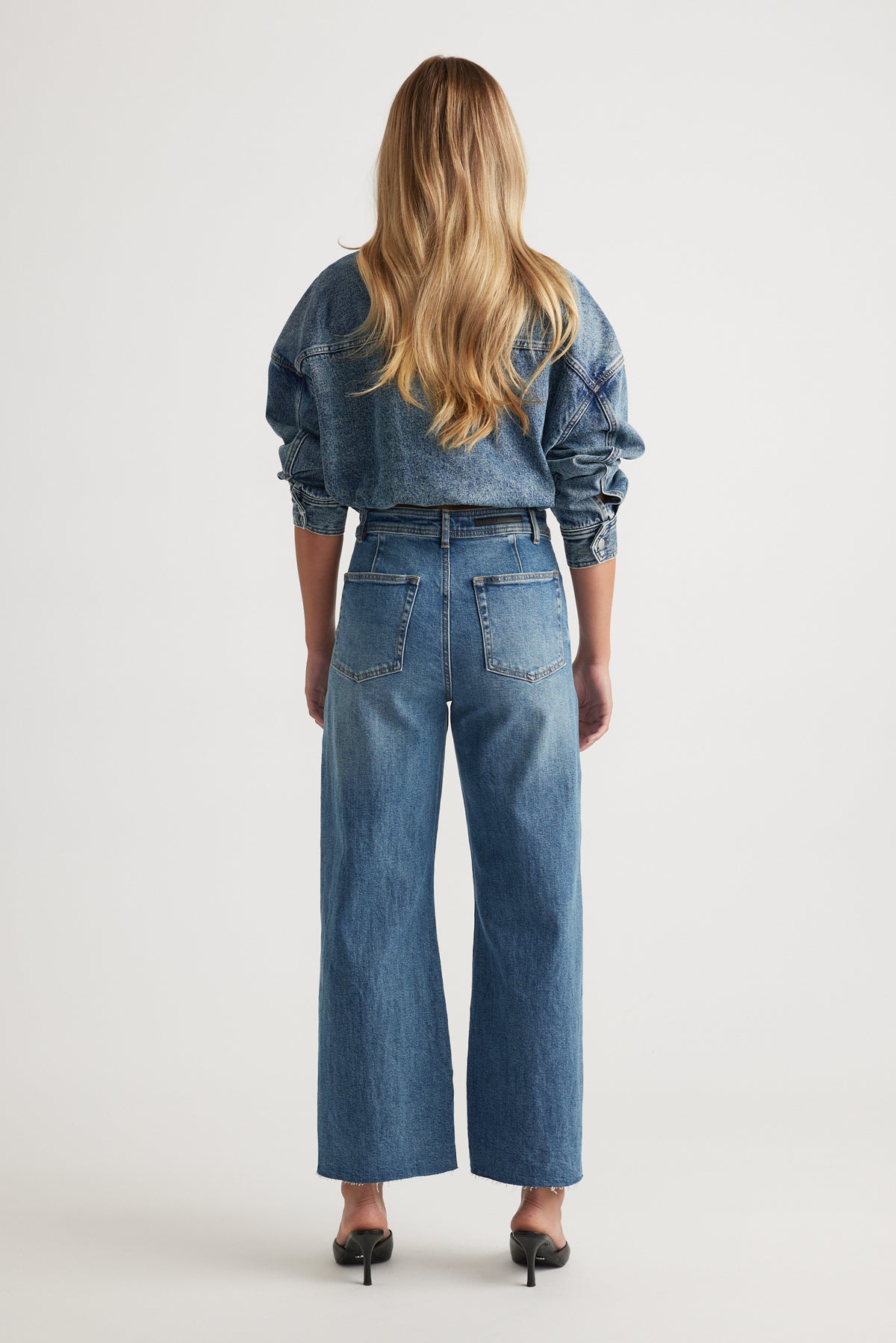 Tahni Wide Leg Jean in mid wash denim with high waist and relaxed fit, designed by Decjuba for effortless everyday wear