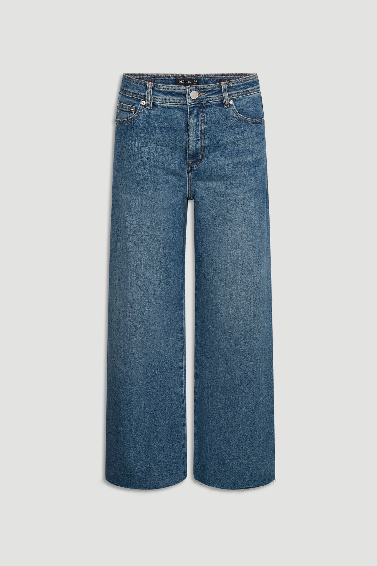 Tahni Wide Leg Jean in mid blue denim with high rise and relaxed fit, designed by Decjuba for versatile everyday style
