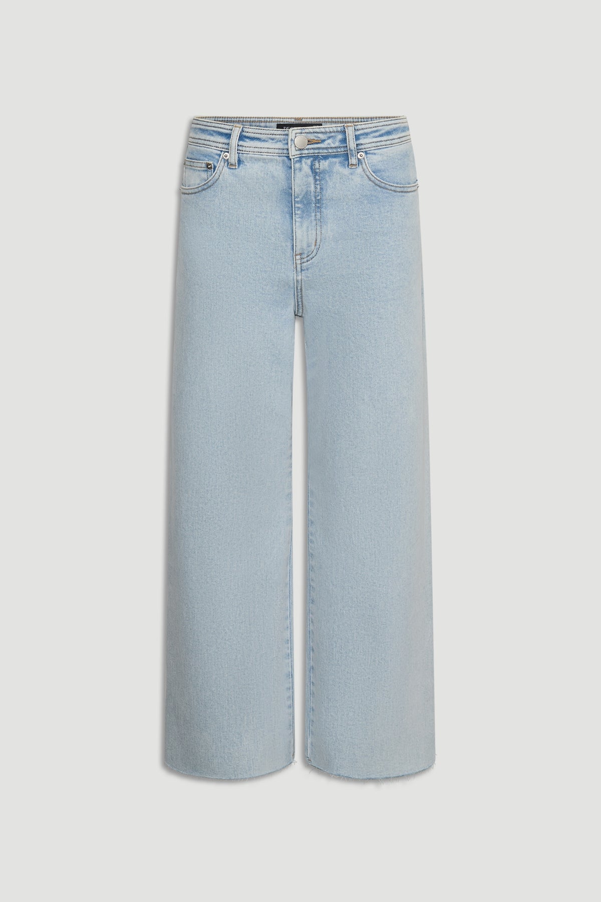 Light wash wide-leg jeans with classic five-pocket design for a relaxed, modern denim look.