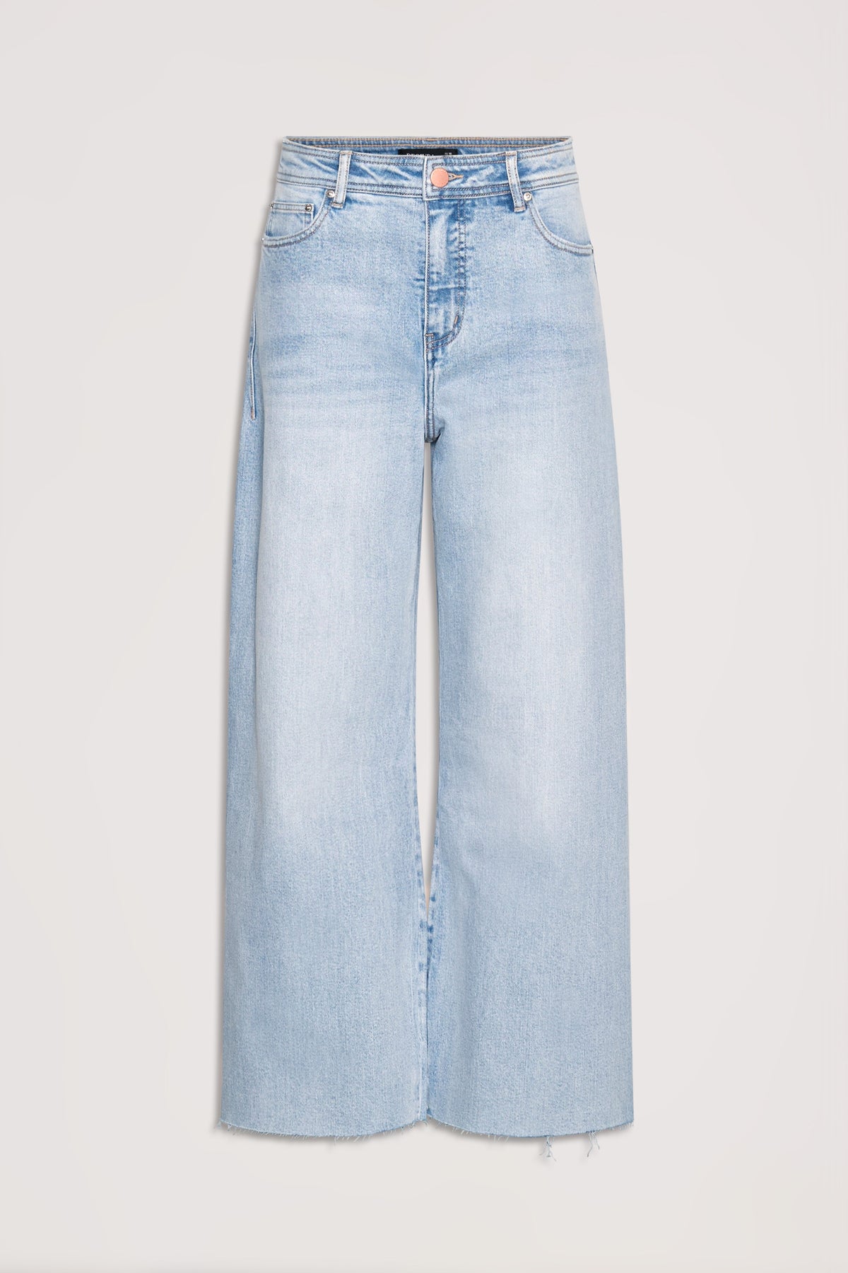 Light wash wide-leg jeans with a high-rise waist and raw hem, offering a relaxed and stylish everyday look.