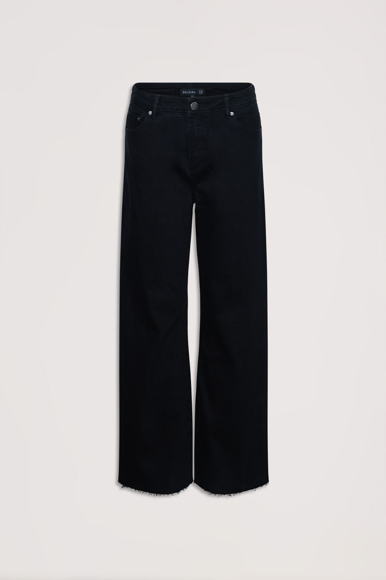 Tahni Wide Leg Jean in black denim with raw hem, combining comfort and style from DECJUBA Australian fashion brand