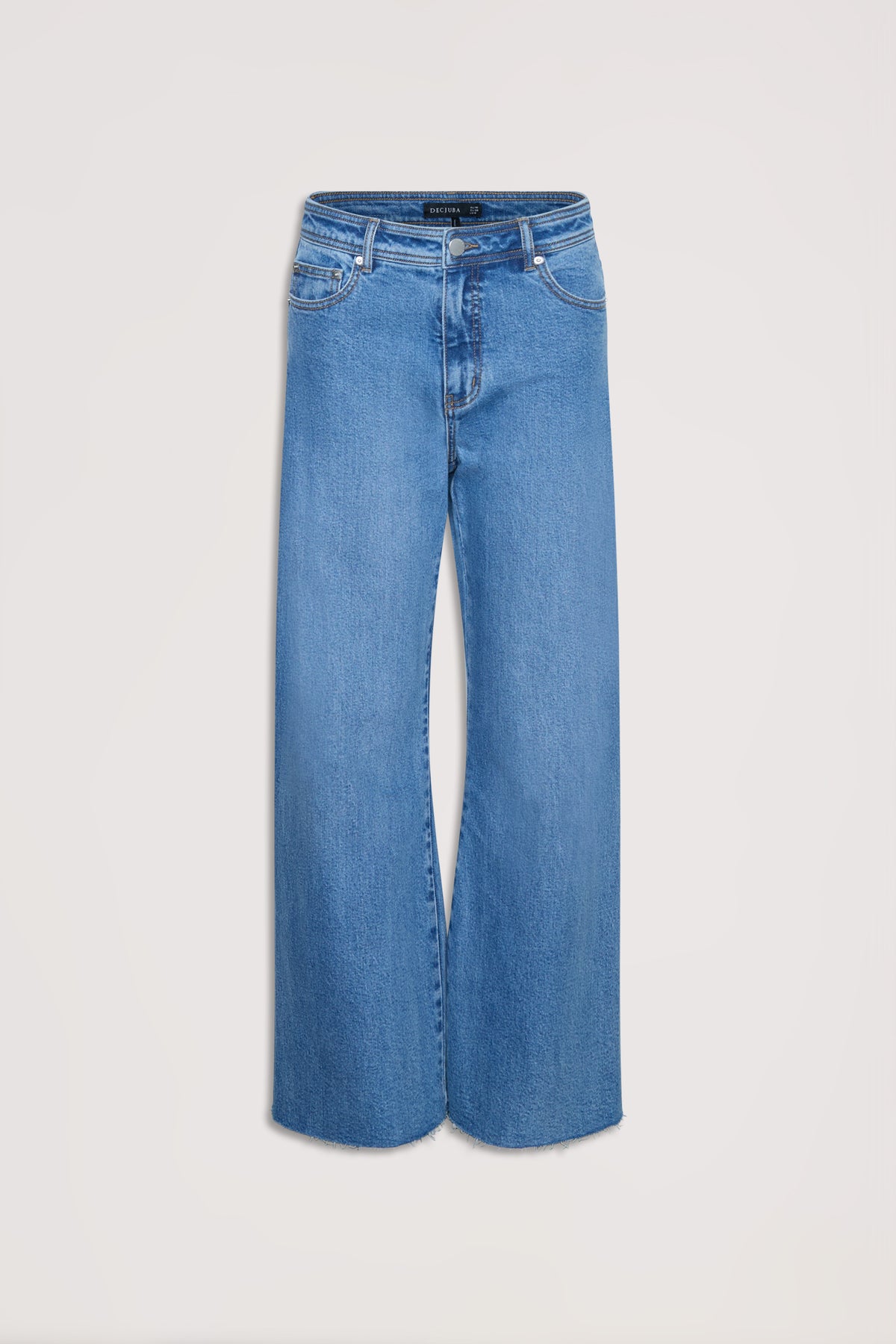 Tahni Wide Leg Jean in classic blue denim with a relaxed fit and raw hem, from Decjuba Australian fashion brand