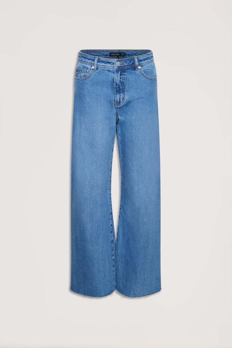 Tahni Wide Leg Jean in classic blue denim with a relaxed fit and raw hem, from Decjuba Australian fashion brand