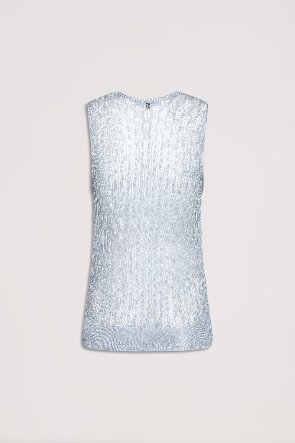 Silver metallic knit sleeveless tank top with crew neckline and ribbed hem