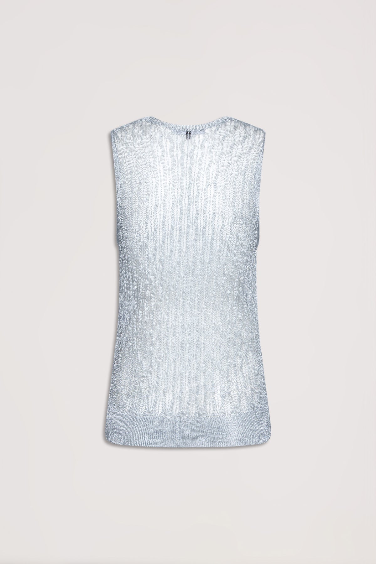 Silver metallic knit sleeveless tank top with crew neckline and ribbed hem