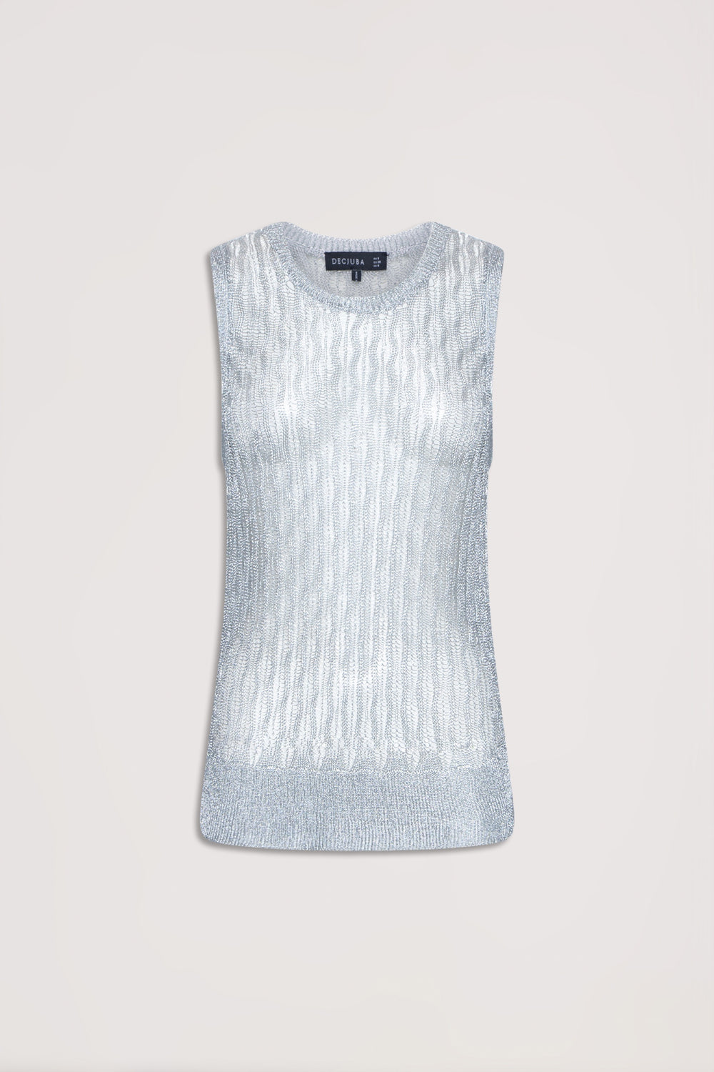 Silver metallic knit sleeveless tank top with crew neckline and ribbed hem band