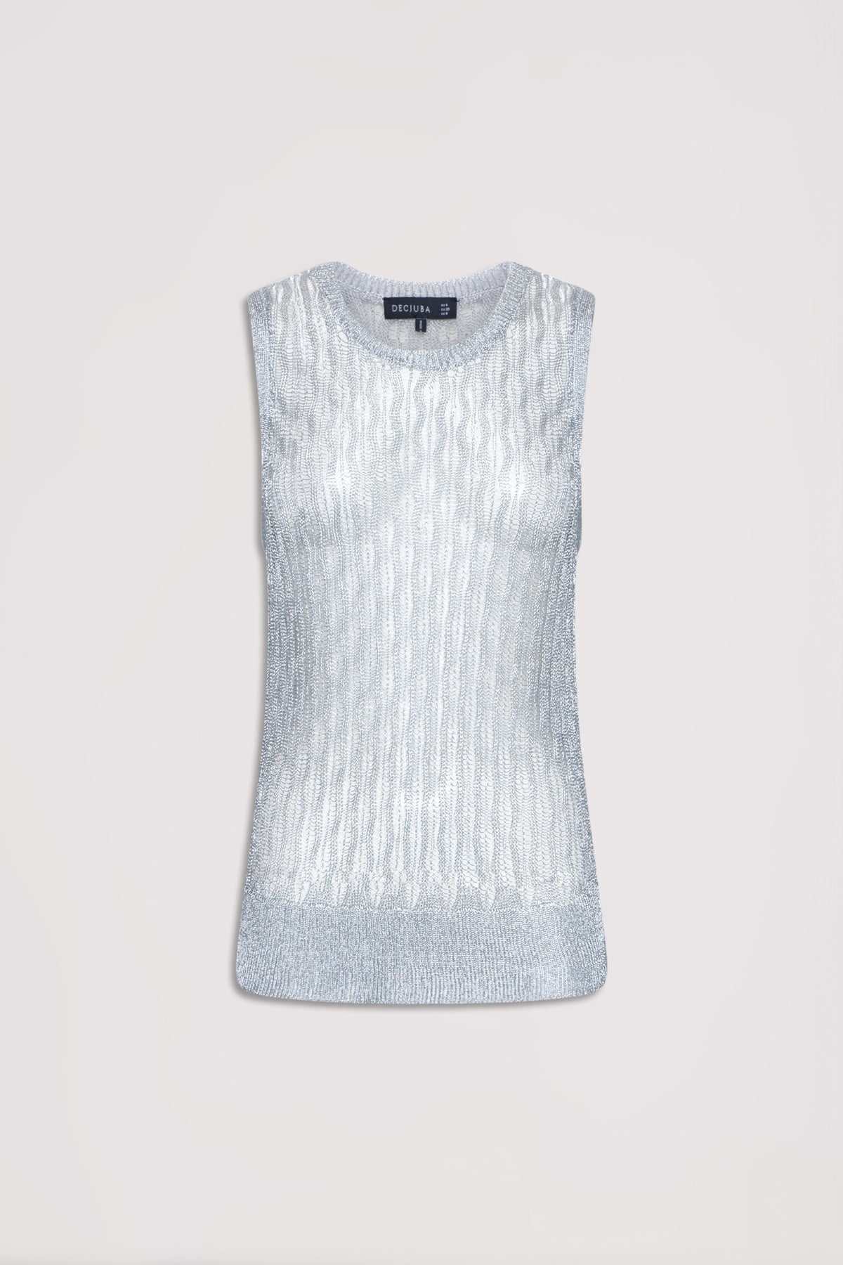 Silver metallic knit sleeveless tank top with crew neckline and ribbed hem band