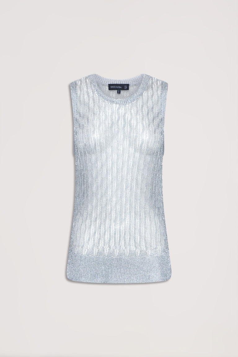 Silver metallic knit sleeveless tank top with crew neckline and ribbed hem band