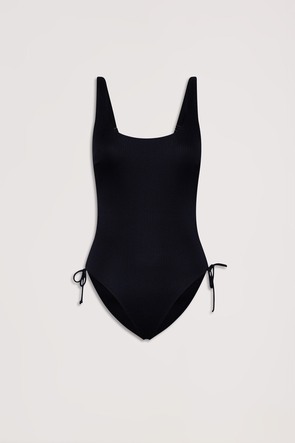 Black ribbed one-piece swimsuit with adjustable side drawcord ties and a scooped neckline on a neutral background