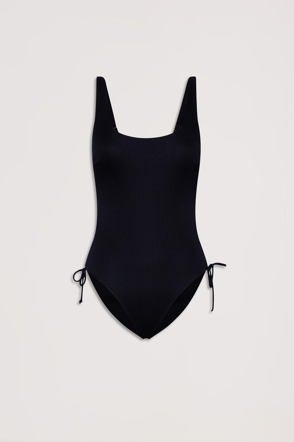 Black ribbed one-piece swimsuit with adjustable side drawcord ties and a scooped neckline on a neutral background