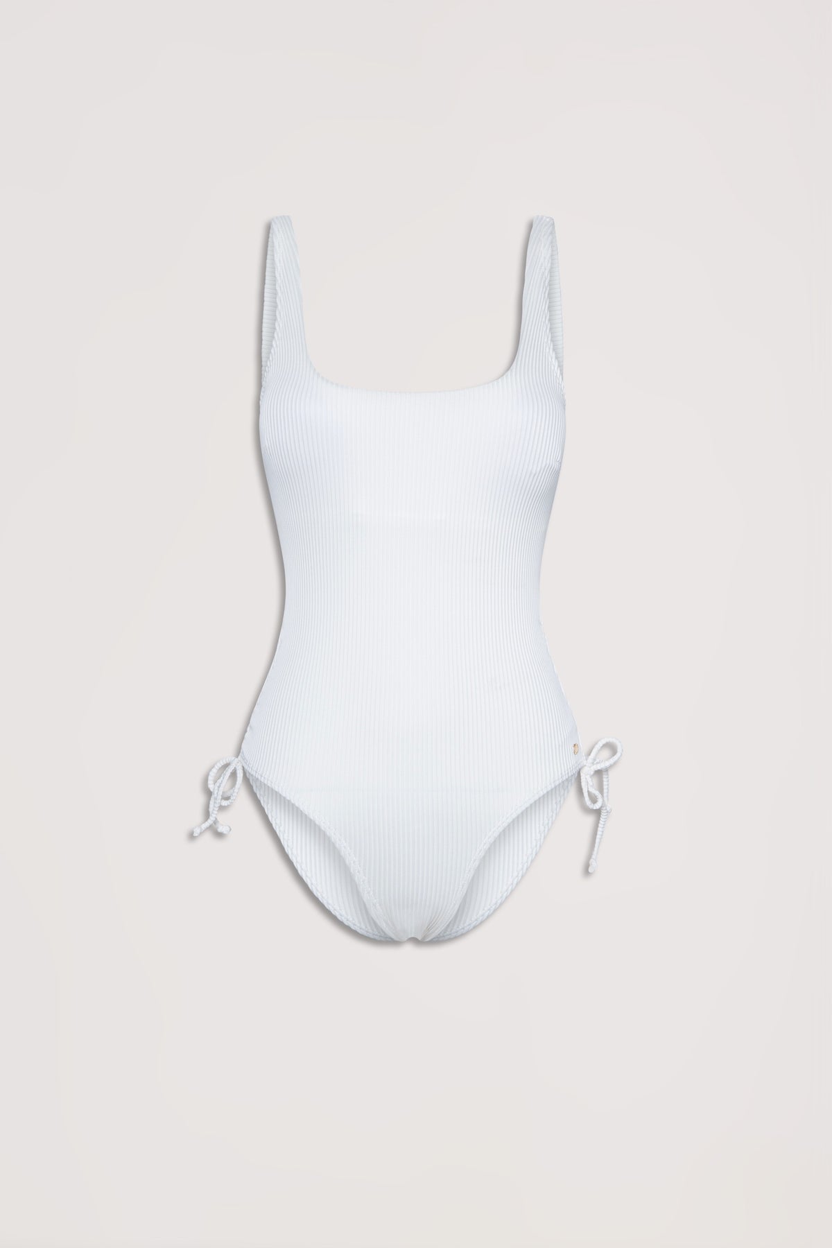 White ribbed one-piece swimsuit featuring a scoop neckline and adjustable drawcord ties at the hips.