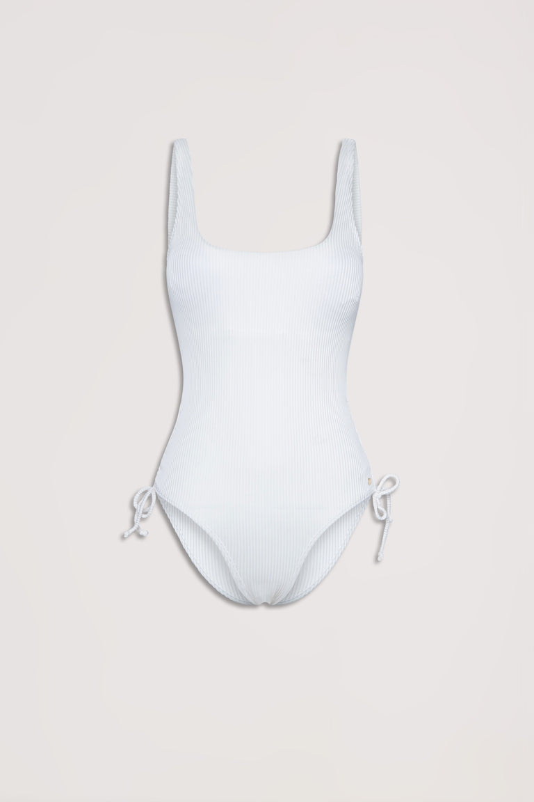White ribbed one-piece swimsuit featuring a scoop neckline and adjustable drawcord ties at the hips.