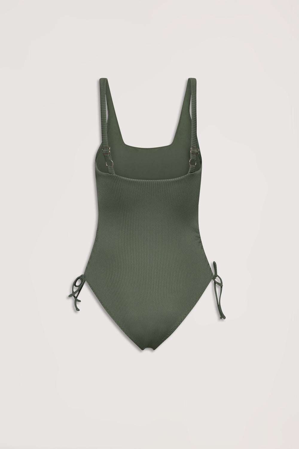 Olive green ribbed one-piece swimsuit with adjustable straps and drawcord ties at the hips against a neutral background