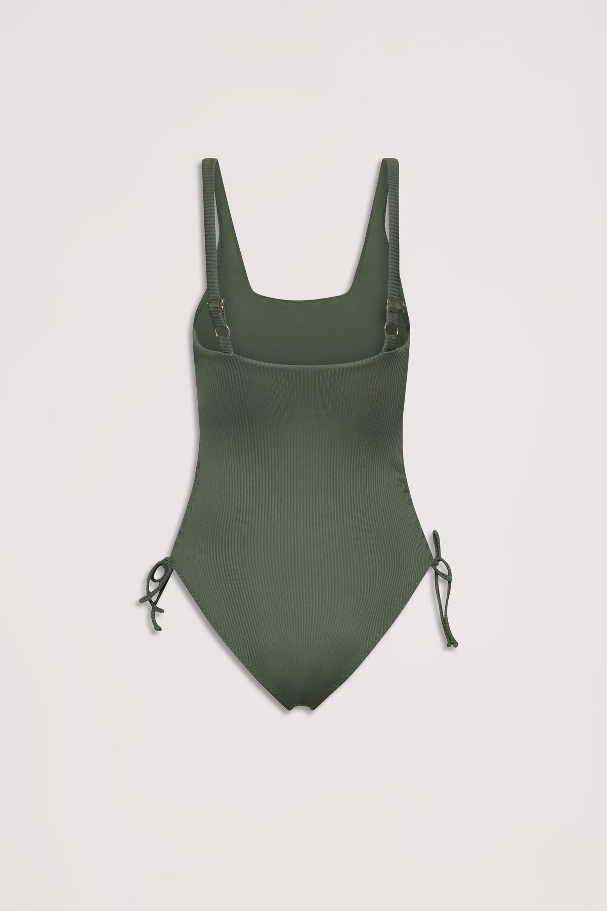 Olive green ribbed one-piece swimsuit with adjustable straps and drawcord ties at the hips against a neutral background