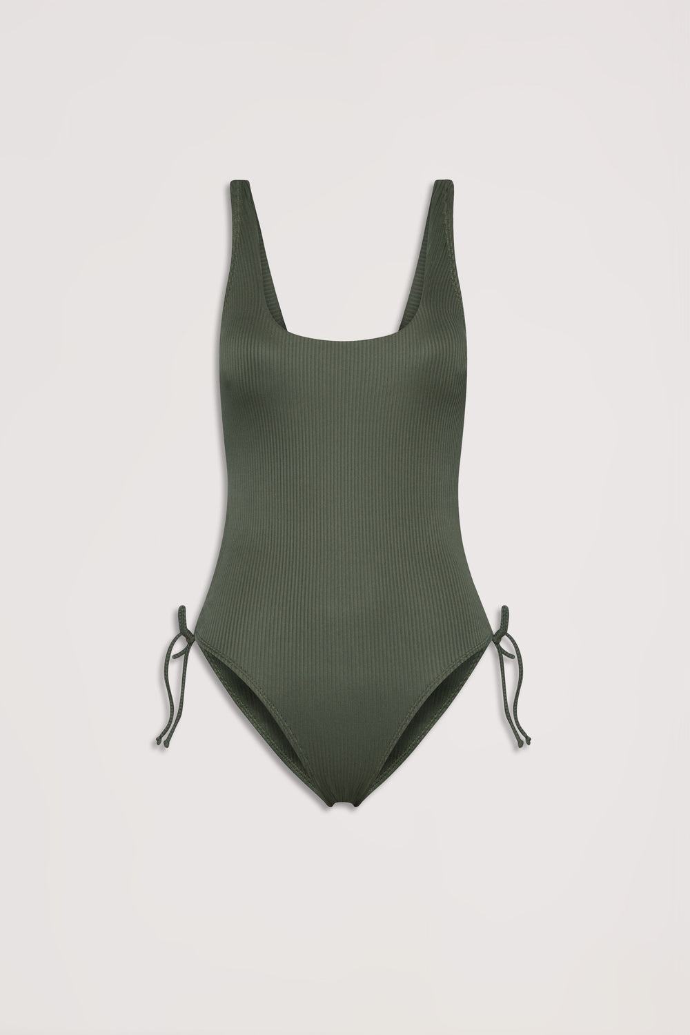 Soft olive ribbed one-piece swimsuit with scoop neckline and adjustable side drawcords, laid flat on a neutral background