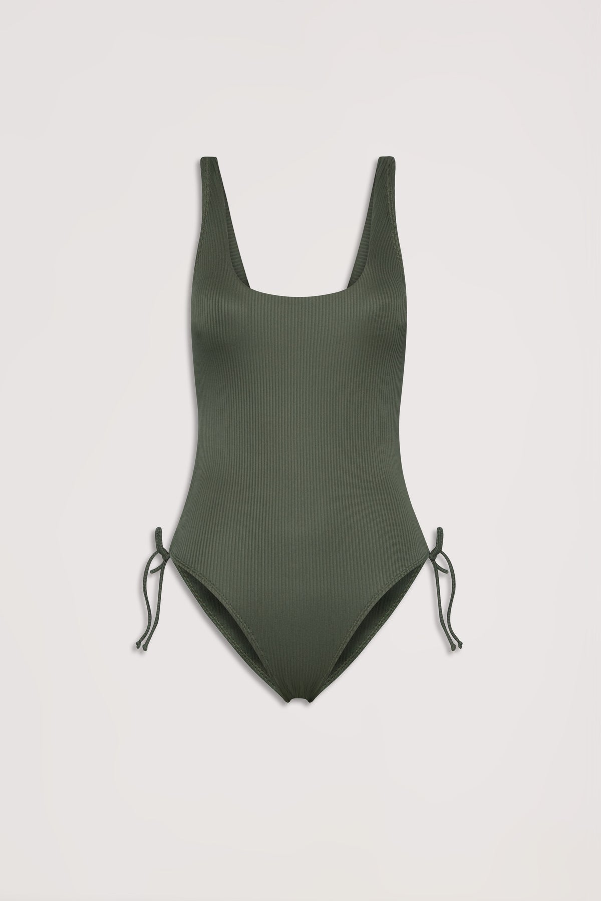 Soft olive ribbed one-piece swimsuit with scoop neckline and adjustable side drawcords, laid flat on a neutral background